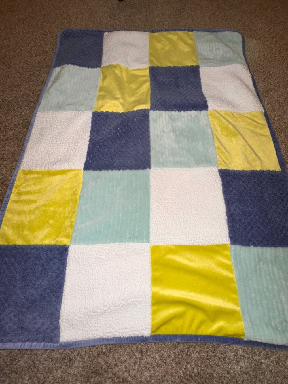 Parents Choice Blue Green White Patchwork Square Baby Blanket Sherpa Lovey